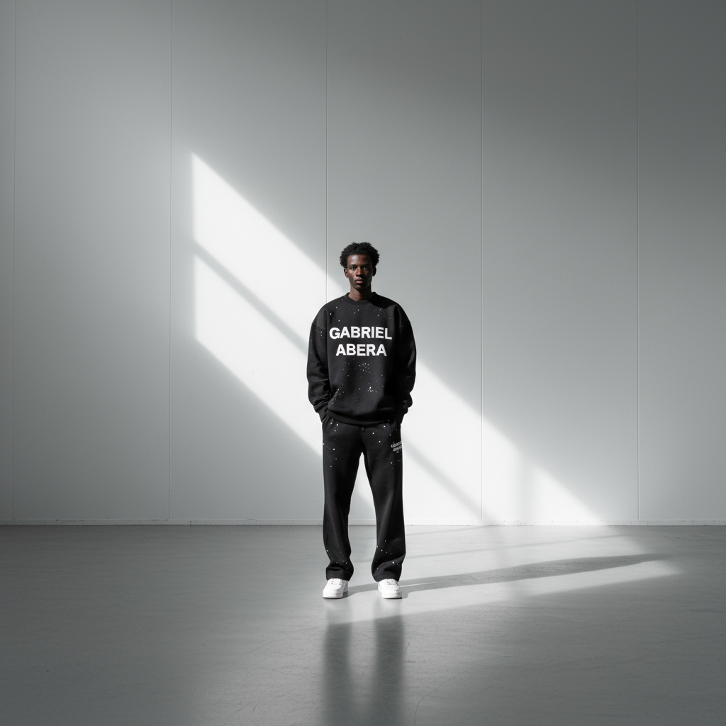 Model trägt GABRIEL ABERA Splattered Puff Sweater Black/White – Vorderansicht im Streetwear Style mit Oversized Schnitt.