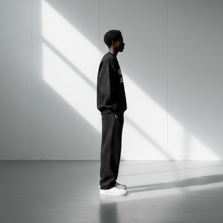 Seitenansicht: Model trägt das GABRIEL ABERA Set aus Splattered Puff Sweater und Hose – Streetwear Look mit lockerer Silhouette und Splatter-Design.