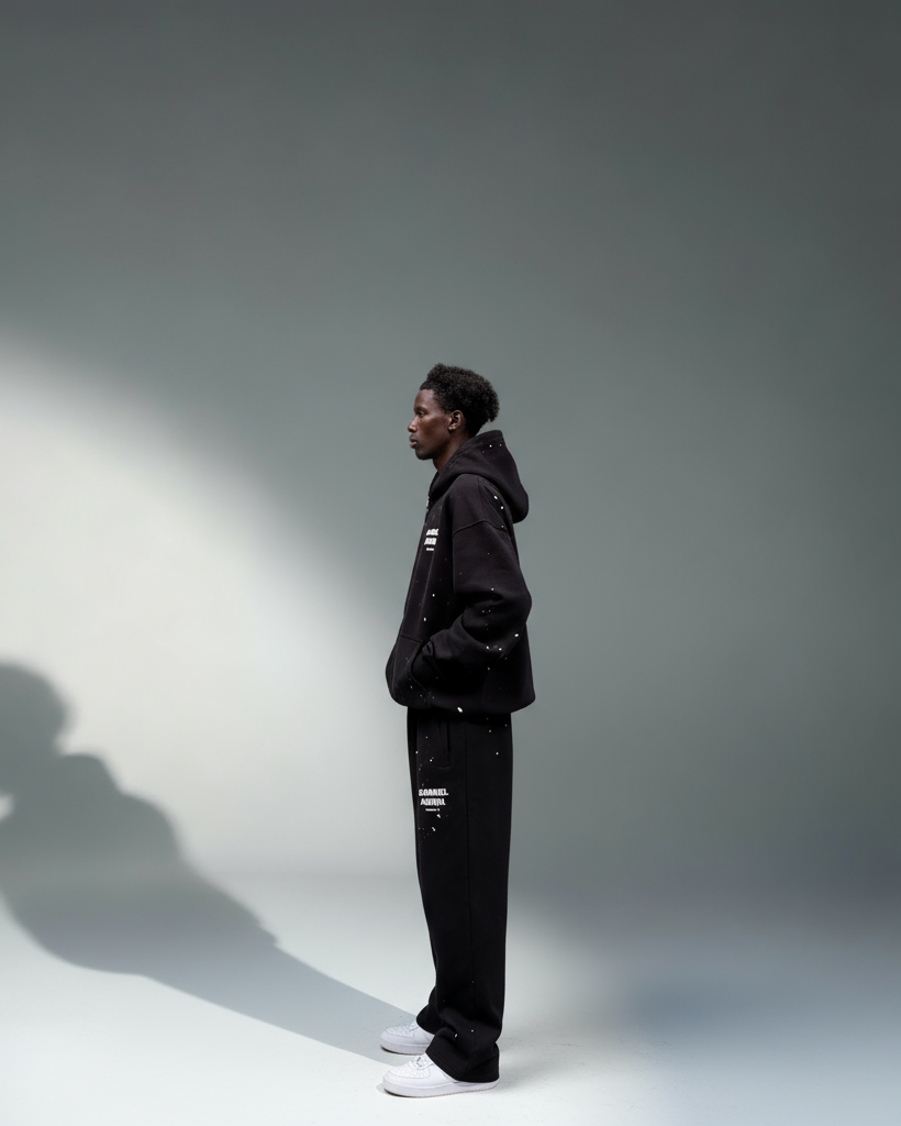 Model trägt GABRIEL ABERA Splattered Puff Hoodie Black/White – Seitenansicht, lockerer Oversized Fit und künstlerisches Paint Splatter Design. Puff-Print Detail des GABRIEL ABERA Splattered Puff Hoodie und Pants im Set.