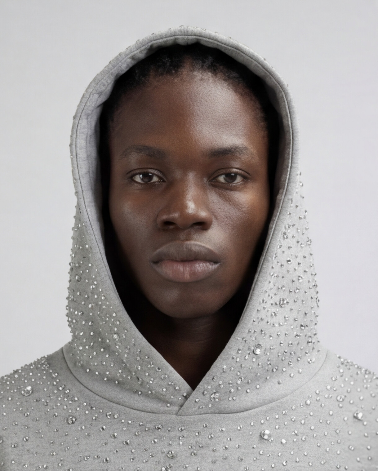 Nahaufnahme der Kaputze des grauen Hoodies mit Strass von Gabriel Abera.