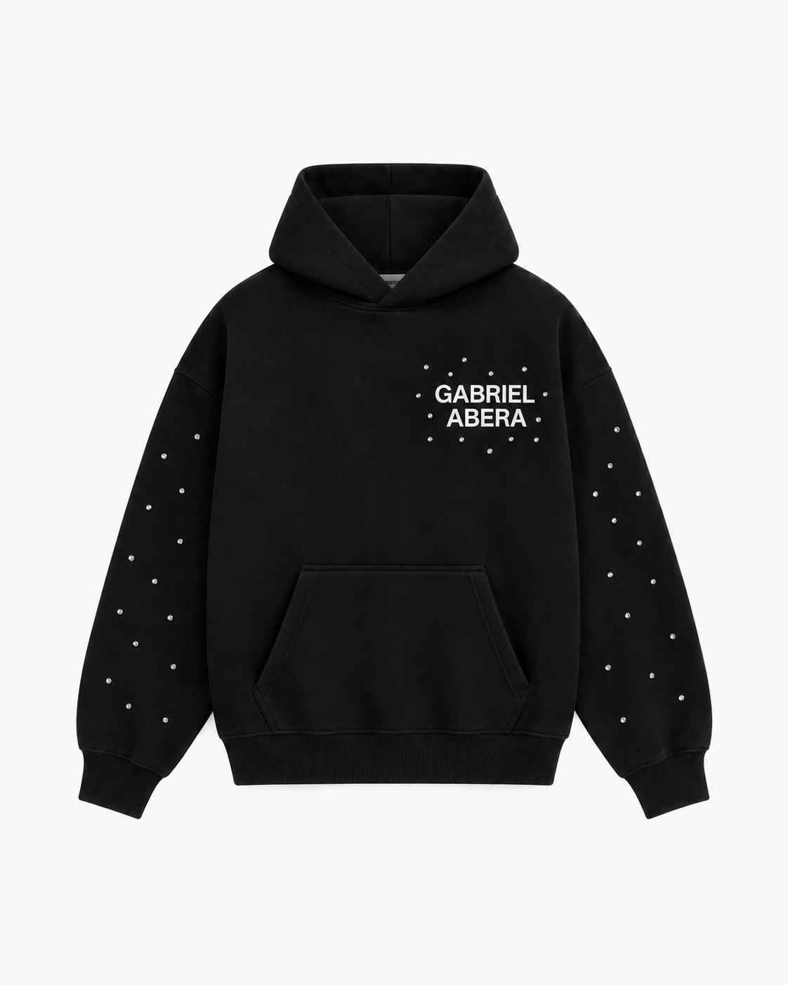 Schwarzer GABRIEL ABERA Rhinestone Astral Hoodie in Oversized Streetwear Fit mit Astral-Rhinestone-Design auf der Vorderseite