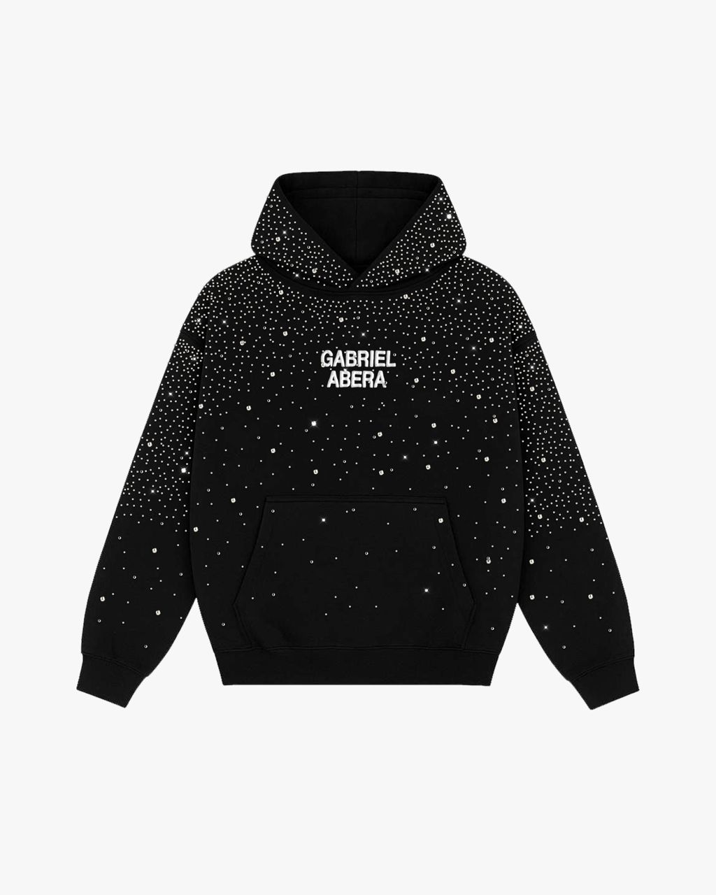 Black rhinestone universe hoodie fully covered with sparkling rhinestones on front, back and hood, oversized premium streetwear hoodie, high fashion designer hoodie with white GABRIEL ABERA Logo