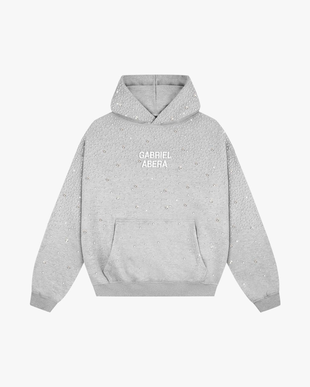 Grey rhinestone universe hoodie fully covered with sparkling rhinestones on front, back and hood, oversized premium streetwear hoodie, high fashion designer hoodie with white GABRIEL ABERA logo