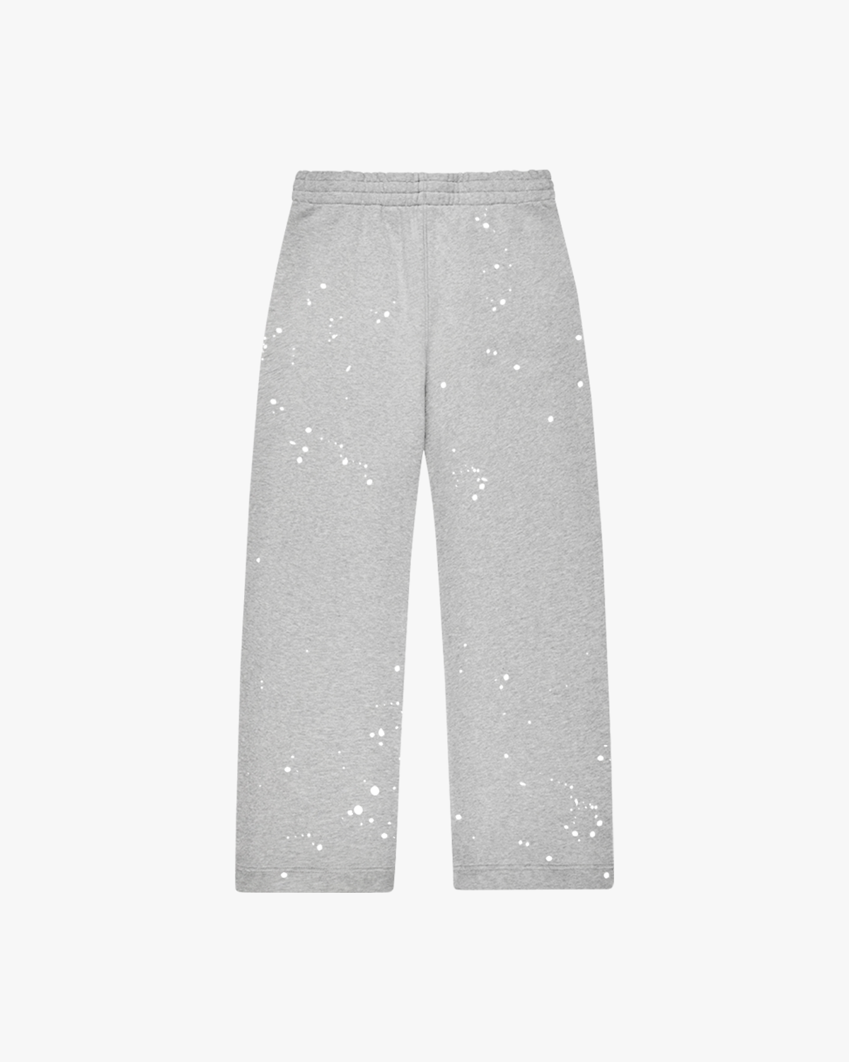 Back view der grey Splattered Sweatpants mit white Puff Print, oversized Fit und einzigartigem Paint Splatter Effekt