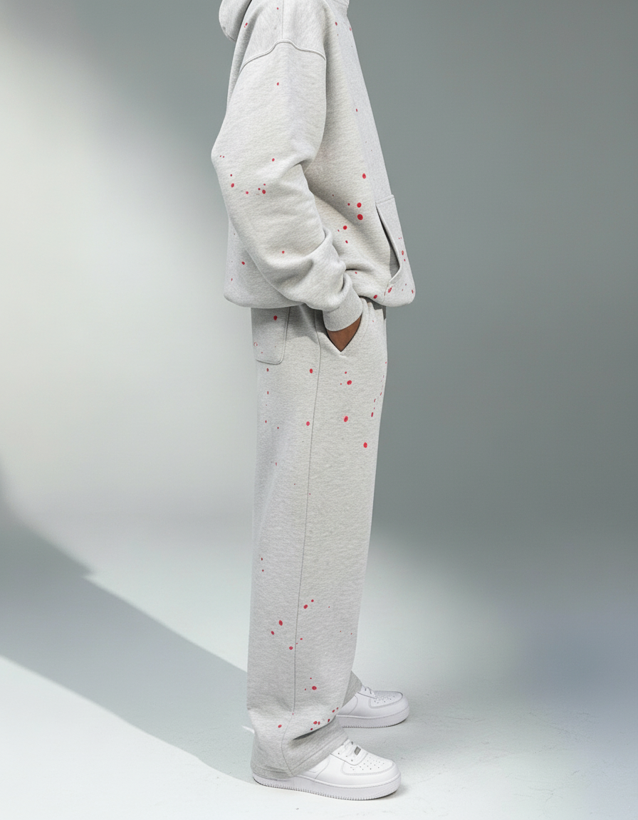 Seitenansicht eines männlichen Models in der GABRIEL ABERA Splattered Jogginghose mit roten Paint Splatter Details – urbaner Streetwear Look.