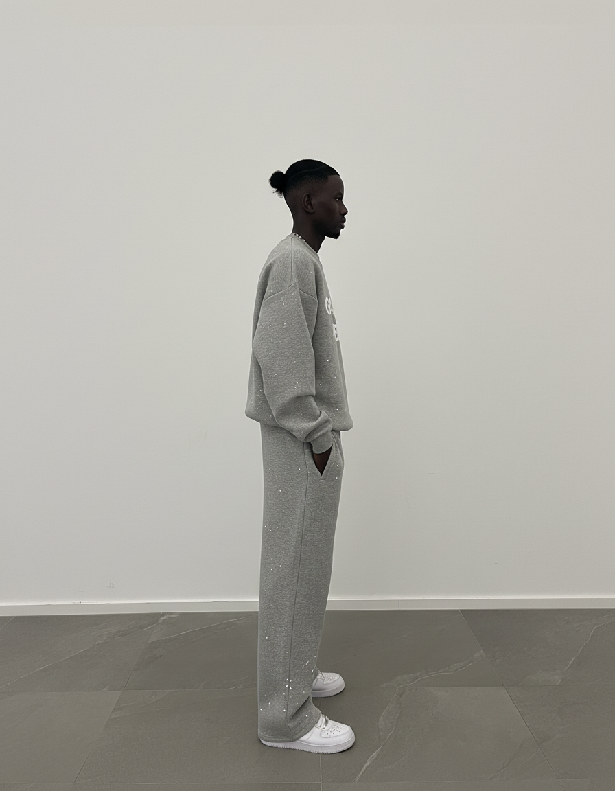 Side profile des Models mit den Splattered Sweatpants – relaxed Streetwear Fit, hand-painted Design und premium Baumwollmischung.