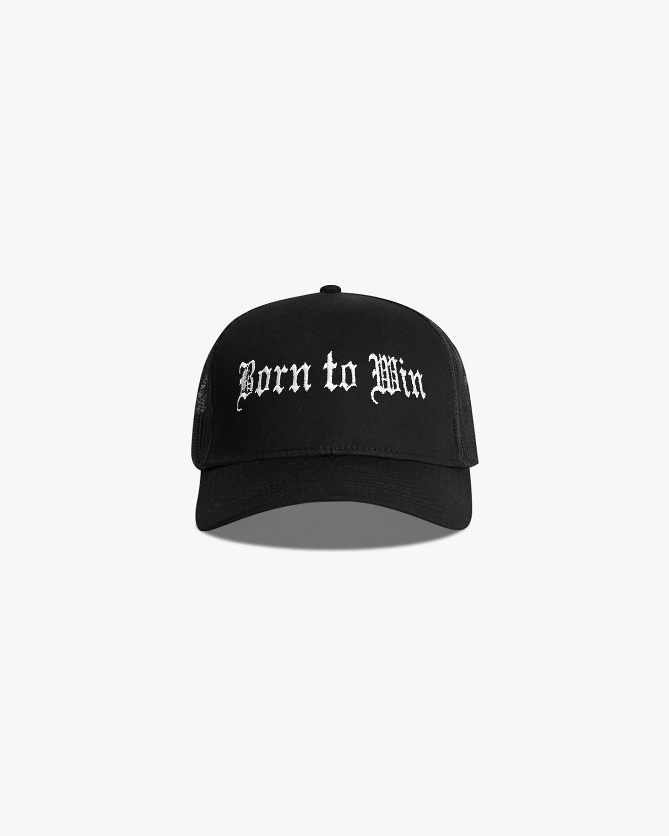 Black trucker cap with born to win embroidery