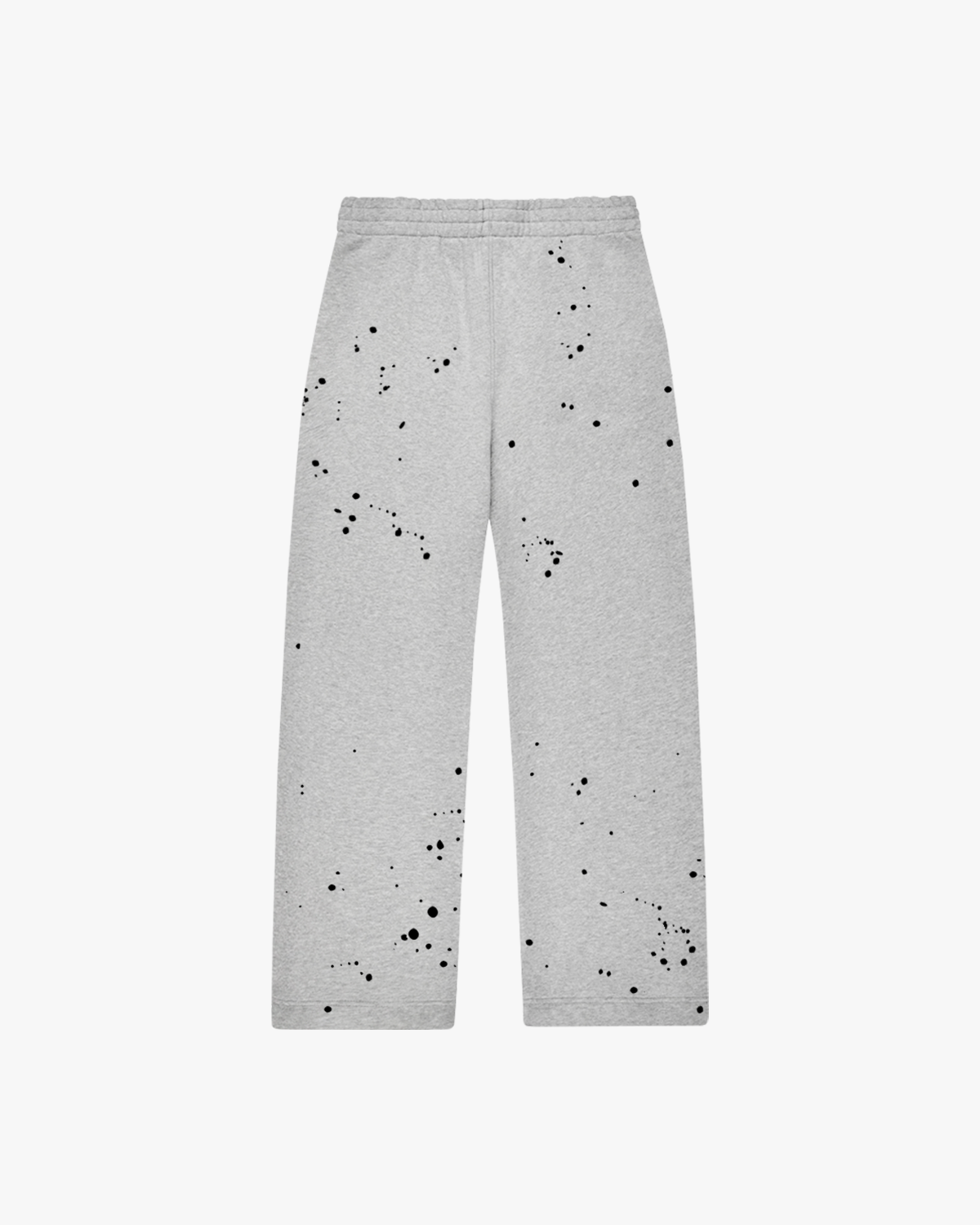 Back view der grey Splattered Sweatpants mit black Puff Print, oversized Fit und einzigartigem Paint Splatter Effekt.