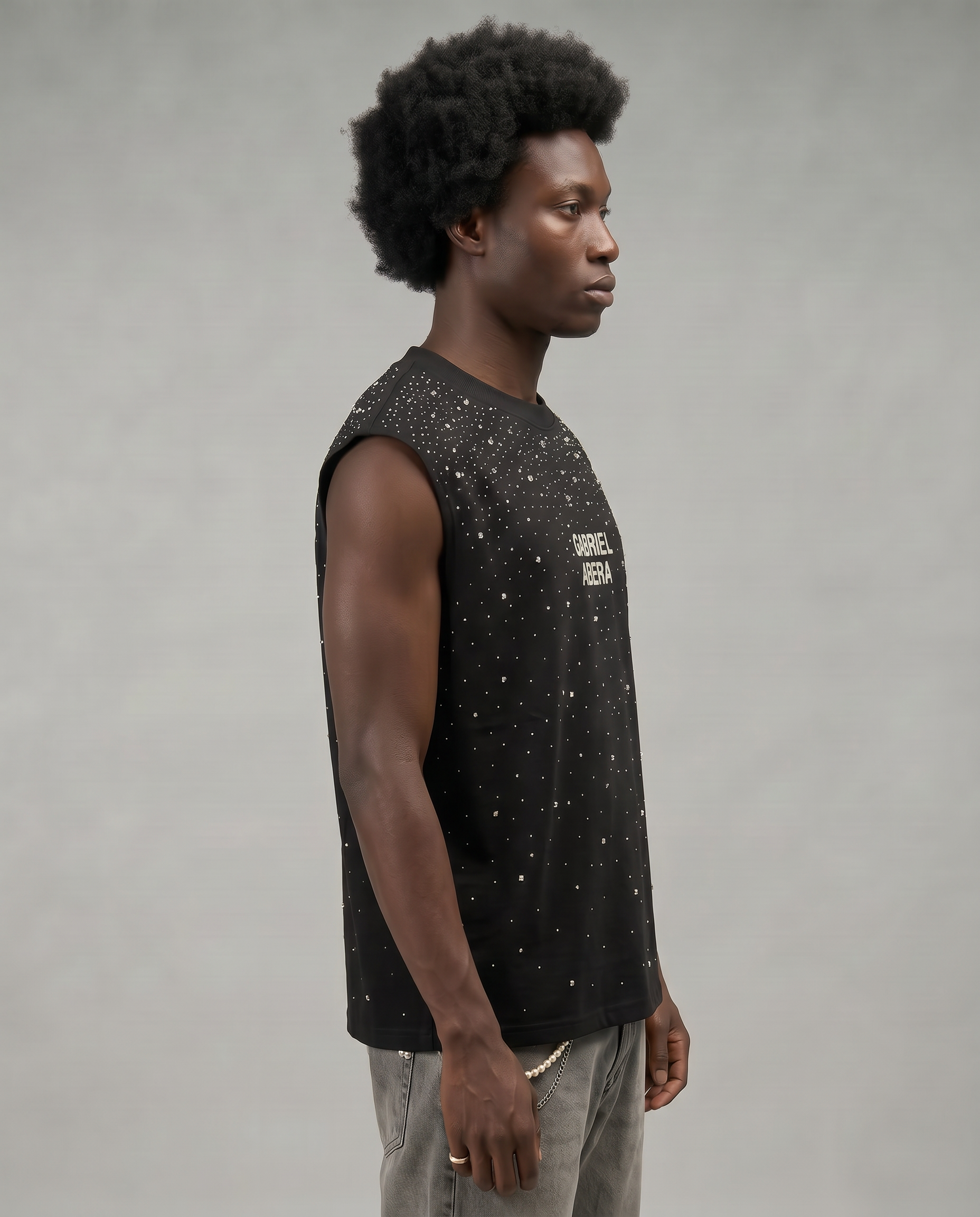 GABRIEL ABERA Rhinestone Universe Tanktop Black – female model full body view, oversized black tank top limited edition streetwear