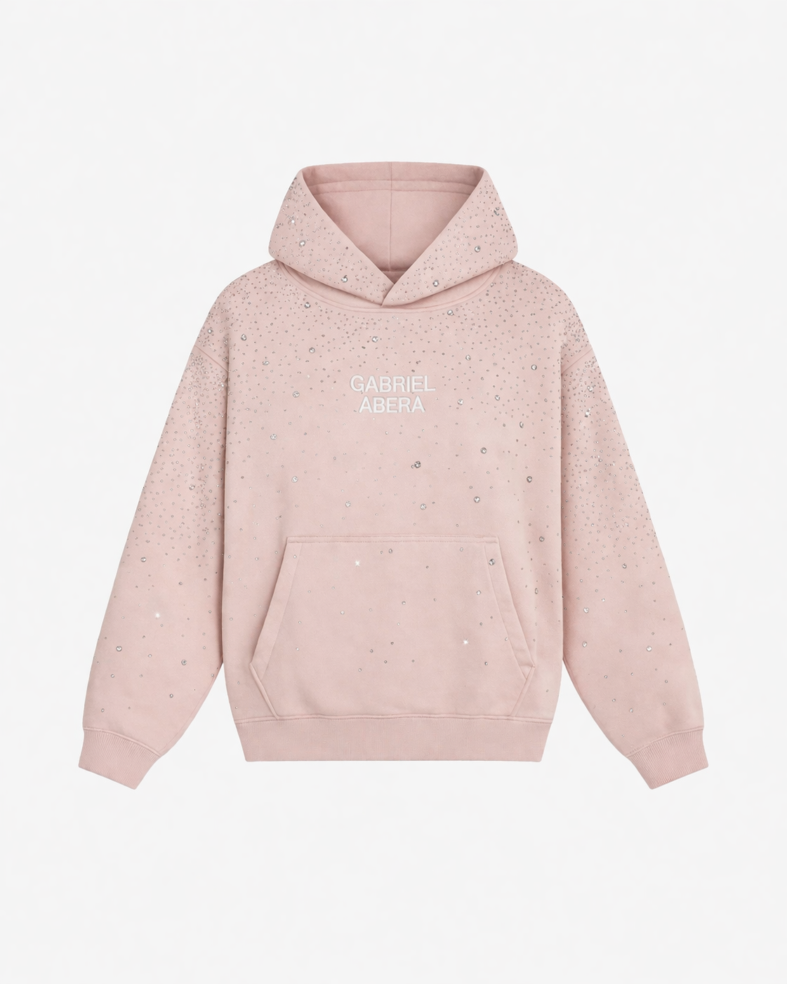 pink hoodie with rhinestone embellishments and minimal white ‘Gabriel Abera’ logo on chest”
