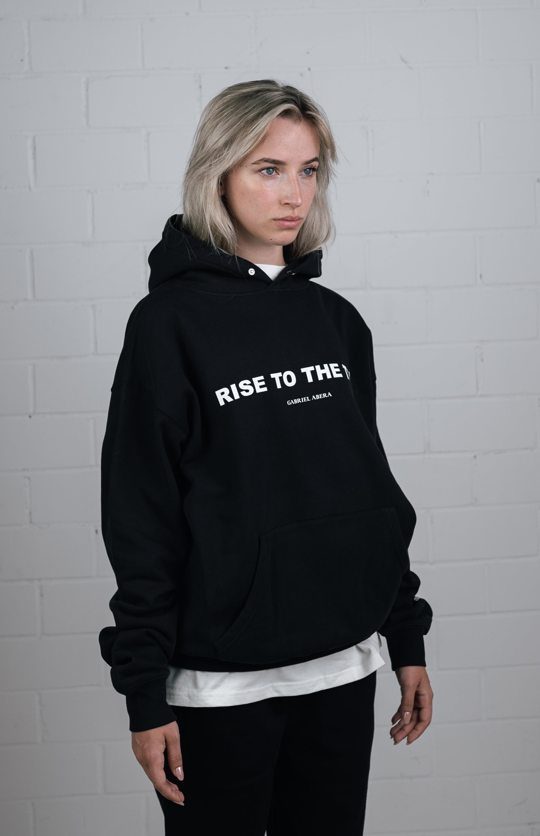 Parametric View Black Hoodie worn by female model